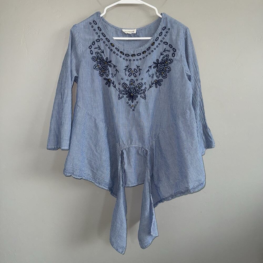 Sky and Sand Womens Tie Front Tunic Blouse Size M 3/4 Sleeve Embroidered Blue - Picture 7 of 7